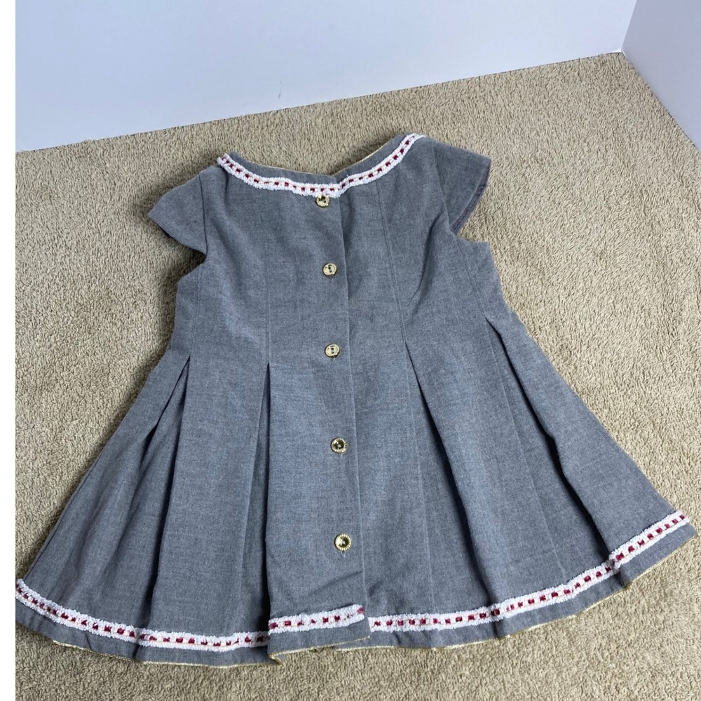 Tahari Kids Grey Pleated A-Line Dress Red White Trim Button Back Size 2T